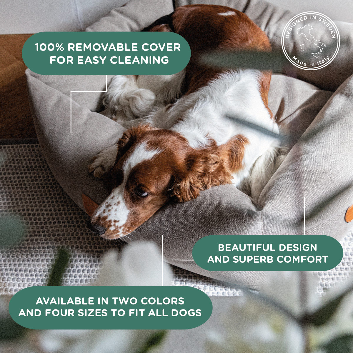 Classic Nest Sand Beige - Klassisk hundeseng m/lærdetaljer