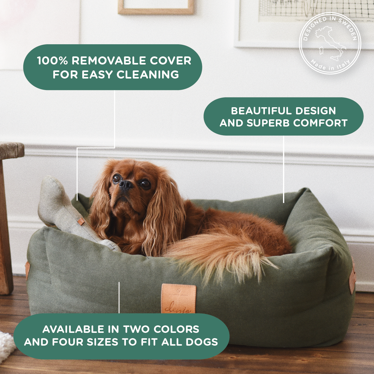 Classic Nest Desert Green - Klassisk hundeseng m/lærdetaljer